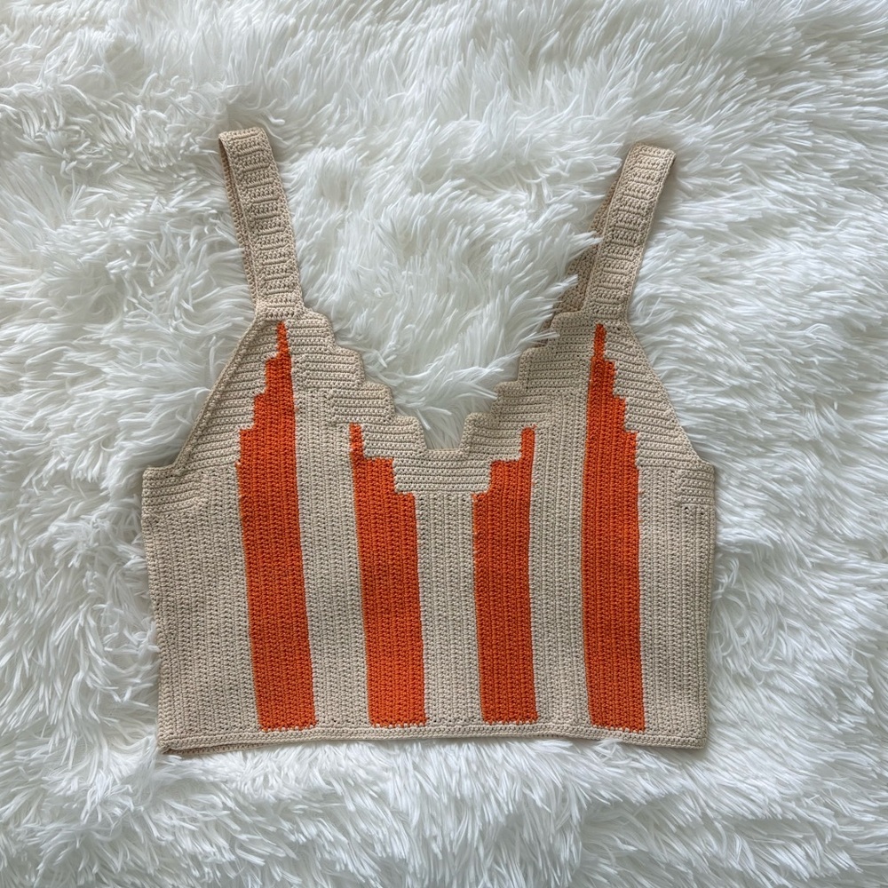 Sandro Beige and Orange Striped Knit Crocheted Top